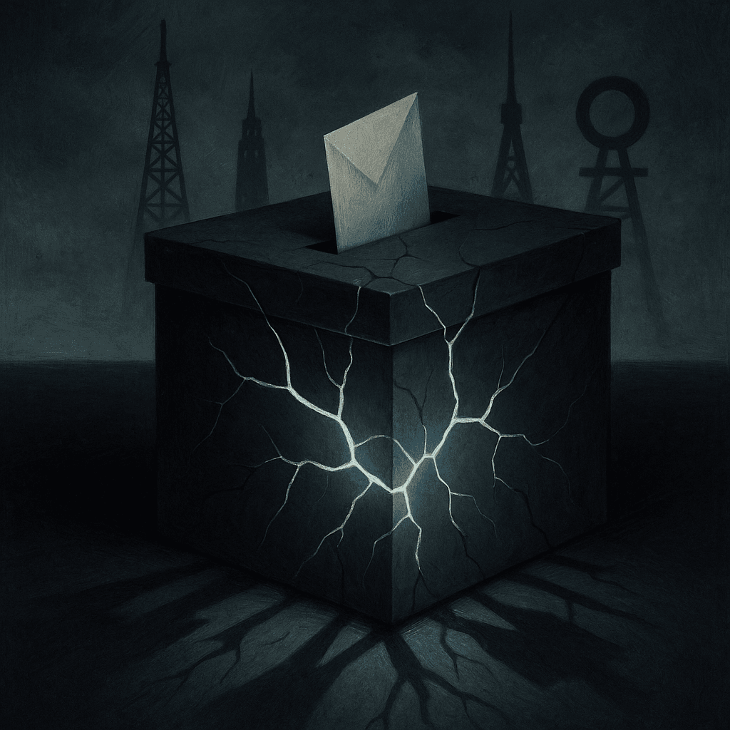 Cracked ballot box glowing from within, surrounded by dark broadcast towers – symbolic of electoral manipulation and media dominance during Poland’s 2025 election.