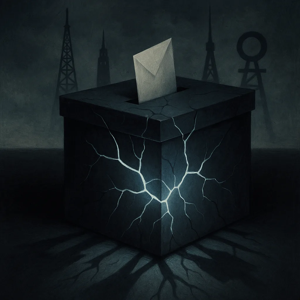 Cracked ballot box glowing from within, surrounded by dark broadcast towers – symbolic of electoral manipulation and media dominance during Poland’s 2025 election.