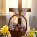 Easter basket with decorated eggs, lamb and cross symbolising the Resurrection of Christ and Polish Easter traditions