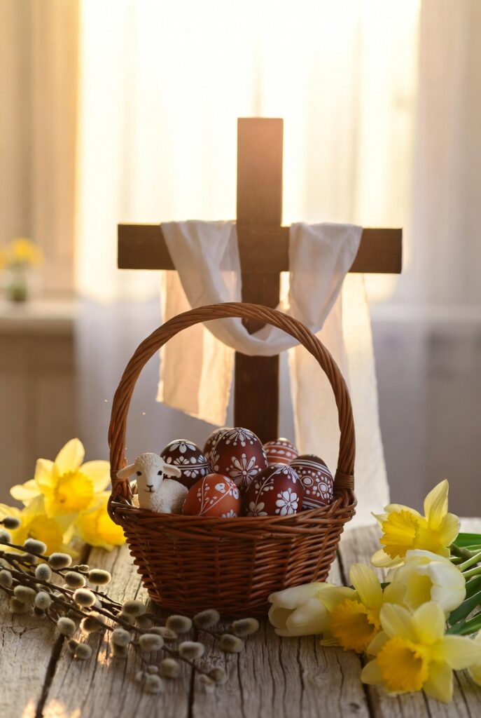 Easter basket with decorated eggs, lamb and cross symbolising the Resurrection of Christ and Polish Easter traditions